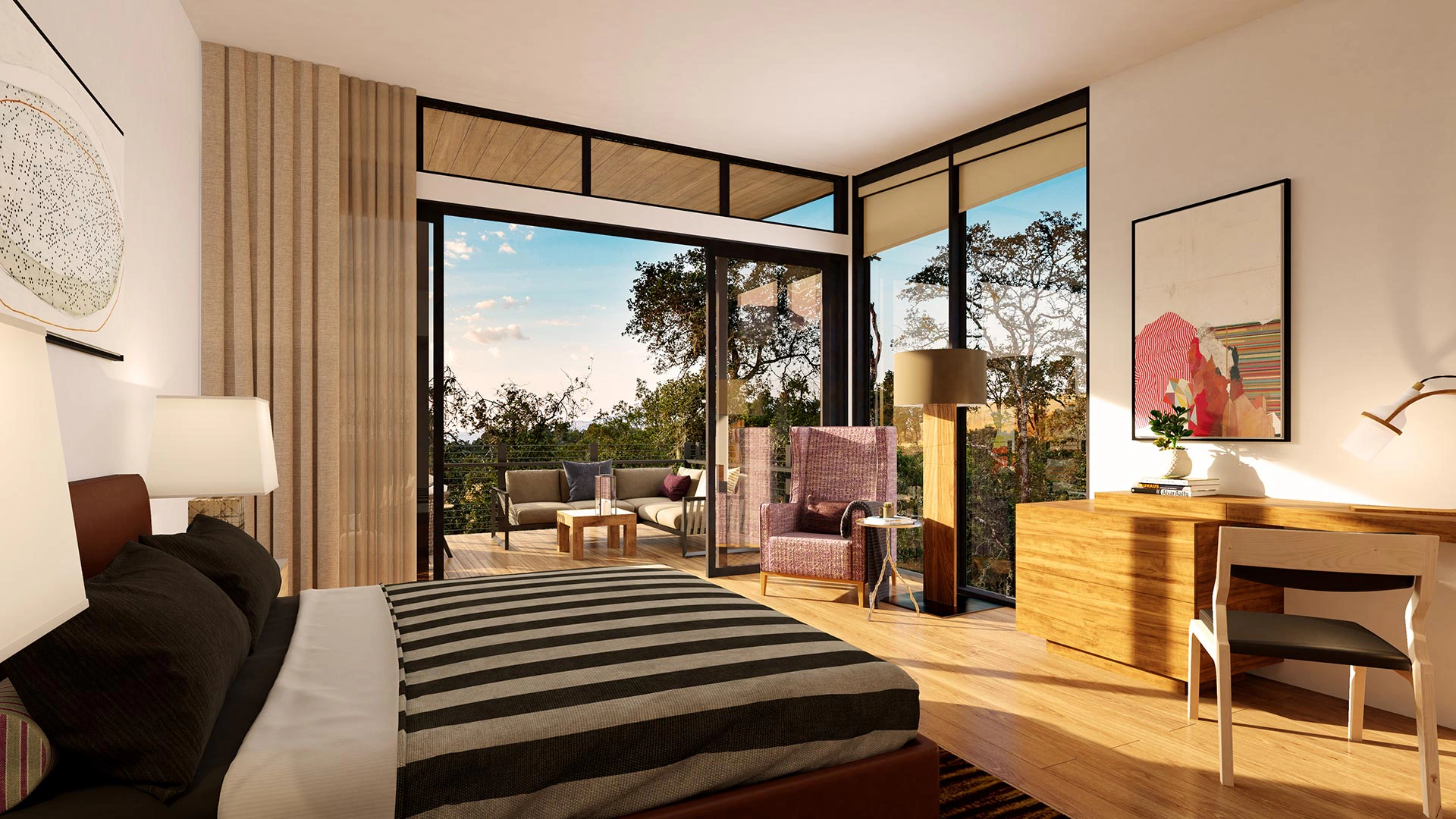 Jeff Brink interior rendering of a Sonoma, California bedroom opening onto a terrace